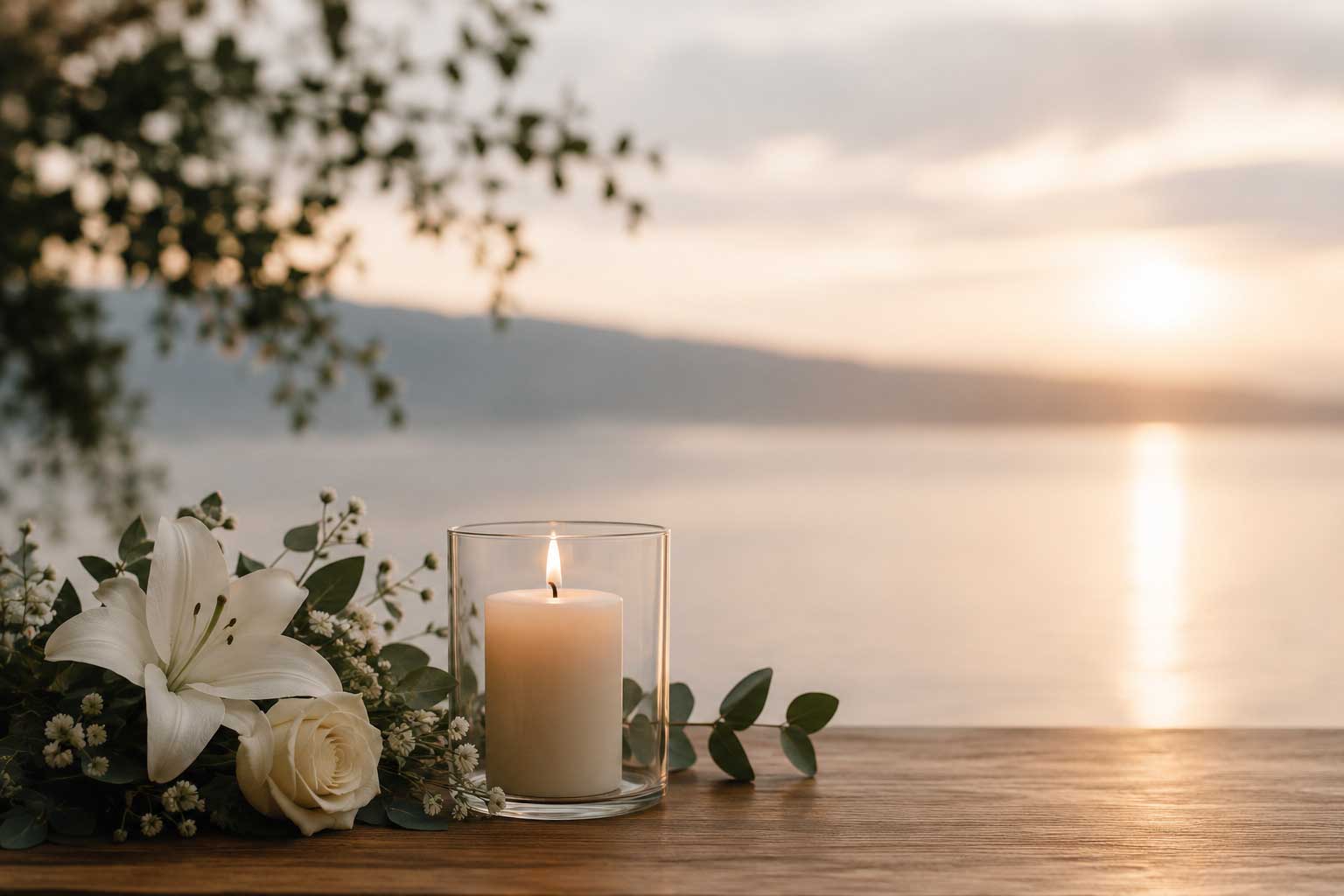 Candles on a table near a lake.