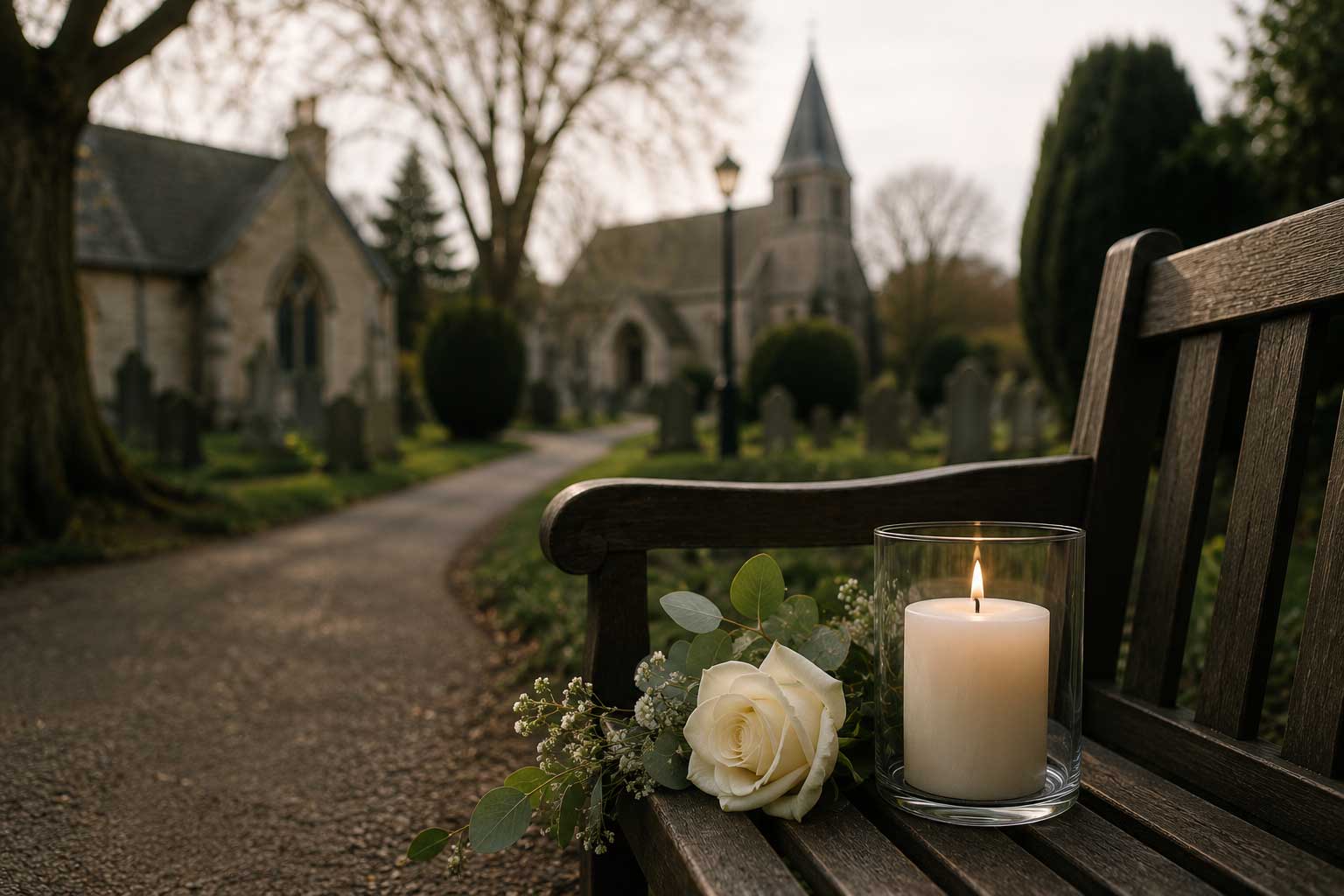 Candles on a bench in a church yard.